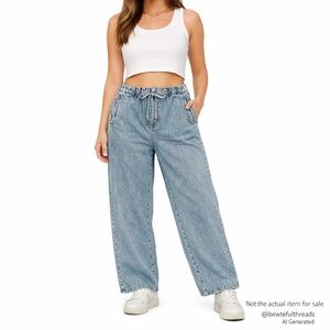 ZARA Elastic Waist Drawstring Denim Pants – Light Wash Size XL (L–XL / Relaxed)